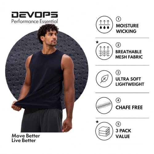 DEVOPS 3 Pack Sleeveless Men's Muscle Shirts Dry Fit Mesh Tank Top Gym