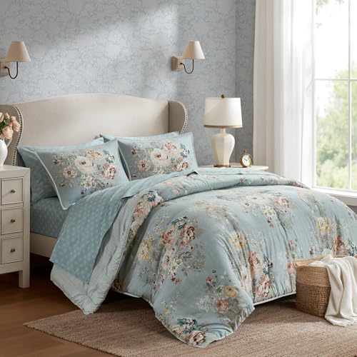 Madison Park Essentials Floral Comforter Set Queen Size, Vintage Flower Bedding Set with Sheet Set, 7 Pieces Bed in a Bag with Reversible Botanical Comforter, Pillowcases & Shams, Heather, Soft Blue