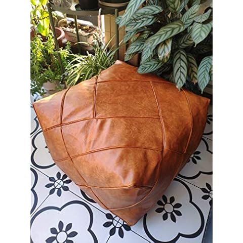 RISEON Boho Handmade Faux PU Leather Moroccan Pouf Footstool Ottoman Leather Poufs Unstuffed 18.9" x 14.96" -Square Floor Cushion Footstool for Living Room, Bedroom and Under Desk (Orange) Cover