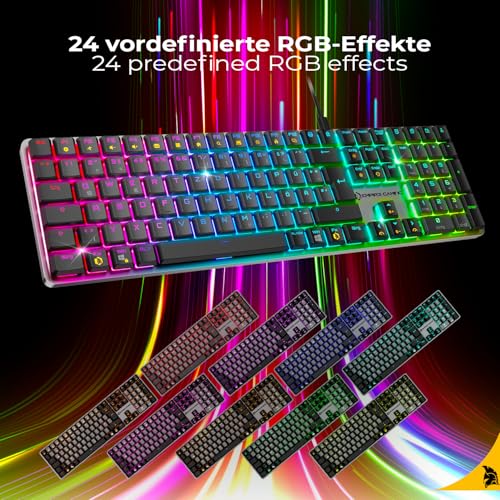 Empire Gaming K243 Mechaniczna klawiatura przewodowa układ DE (Qwertz), 111 klawiszy, odłączane USB-C, przełączniki MX Red, podświetlenie RGB z 24 efektami, funkcja Anti-Ghosting NKRO, do PC i konsoli