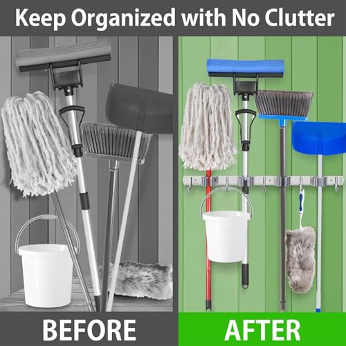Image of Ternero Mop and Broom Organizer 4 Racks 5 Hooks, Heavy Duty Broom Wall Mount Rake Holder Stainless Steel Tool Hanger for Home, Kitchen, Garage, Garden, Laundry Room, Bathroom Organization