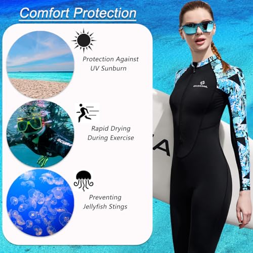 Skyone Full Body Rash Guard Swimsuit Dive Skins for Women Men, Thin Wet Suit Diving Suit UV Protection Long Sleeve Scuba Skin (Black Blue Women, Medium) by Skyone - Image 3