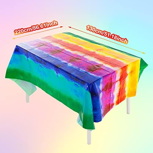 Prasacco 2 Pieces Rainbow Tablecloth, (86.6 x 51.2 Inch) Plastic Tie Dye Theme Table Cover Rectangle Rainbow Birthday Party Supplies for Tie Dye Kitchen Family Dining Birthday Party Decoration