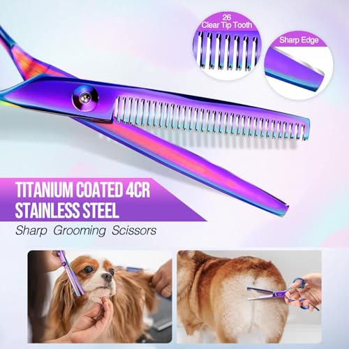 Image of Gimars Dog Grooming Scissors Kit Professional 4CR with Safety Round Tip, 5 in 1 Heavy Duty Titanium Coated Thinning & Curved & Straight Shears