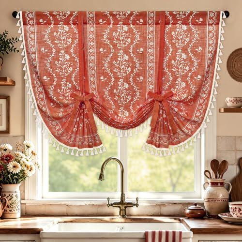 Image of Yinhua Boho Tie Up Curtains for Windows Vintage Linen Valance Light Filtering Floral Valance Rod Pocket Rustic Adjustable Tassel Window Valances for Bathroom, 42 inch W X 45 inch L, Terracotta