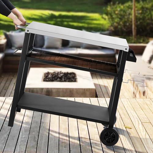 Kendane Grill Cart Table with Three Shelf, Movable Outdoor Dining Cart Pizza Oven Stand with Three Hooks, Kitchen Cart Island Multifunction Food Prep Table (Sliver)