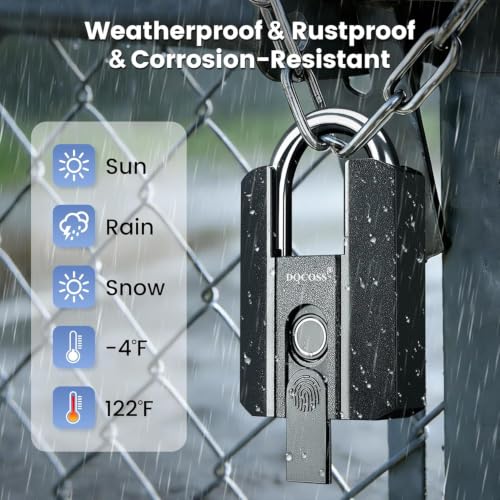 Image of DOCOSS Fingerprint Door Lock, Heavy-Duty Smart Padlock, Fingerprint Lock with 3-Way Unlock (Fingerprint /App /2 Keys),USB Rechargeable, Waterproof Lock for Suitcase,Home, Office, Gym Locker, Gate