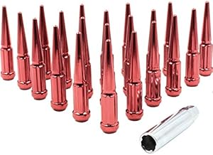 Wheel Accessories Parts Set of 32 Red Spiked Solid Metal Lug Nuts M14x1.5 Thread 4.4" Tall Acorn Spike Lug Nut y Chevy Silverado 1500 1999-2023, Ford F150 2015-2023, Ram 1500 2019-2023