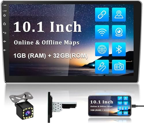 CAMECHO 1+32G Android 13 Autoradio 1 Din 2 Din avec Navi GPS, 10.1 Pouces Écran Tactile Bluetooth Complet WiFi Récepteur FM RDS Radio Téléphone Mobile Lien Double USB + Caméra Arrière