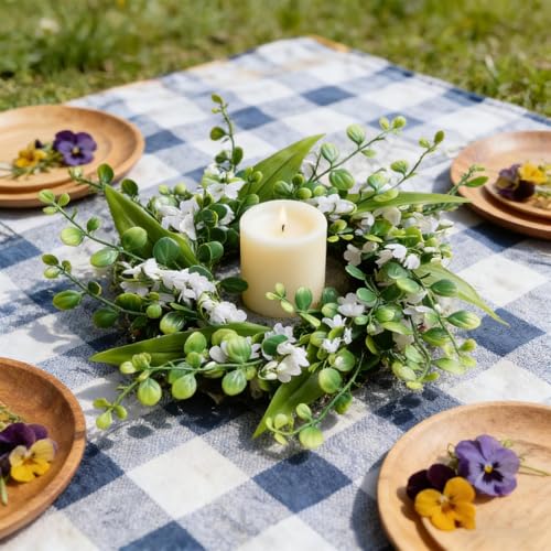 Image of 6 Pcs Green Boxwood Candle Rings Wreaths Mini Spring Summer Forsythia Wreath for Front Door Artificial Rings Wreaths with White Flowers for Pillar Porch Wall Window Farmhouse All Seasons Decor