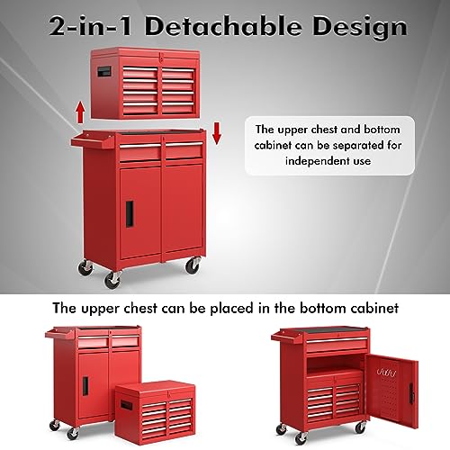 Image of Goplus Rolling Tool Chest, 5-Drawer Tool Box Organizer w /Lockable Wheels & Sliding Drawers & Detachable Top & Adjustable Shelf, Tool Storage Cabinet for Garage Workshop (Red)