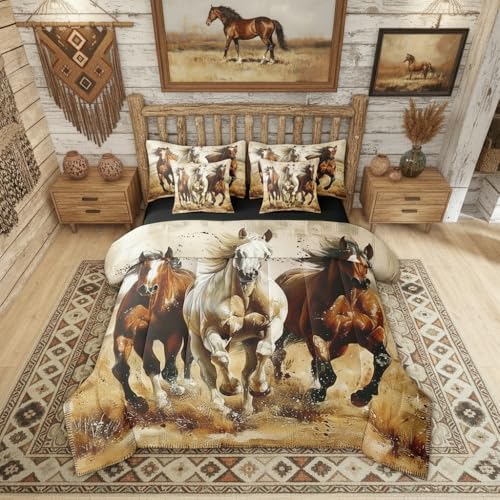 Erosebridal Horse 7 Piece Comforter Twin Size for Kids Boys Western Cowboy Horse Sheet Set Bed in A Bag 3D Printed Wildlife Wild West Country Rustic Cabin Desert Bed Set