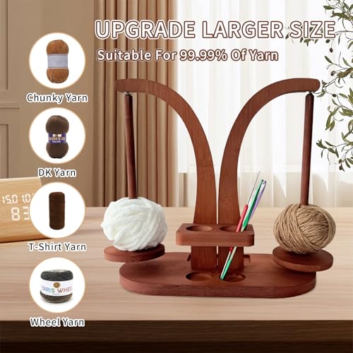 Image of Magnetic Wooden Yarn Holder for Crocheting & Knitting - Smooth Rotating Yarn Spinner with Double Spindles, Tangle-Free Thread Dispenser, Ideal Gift for Knitters & Weavers (Brown)