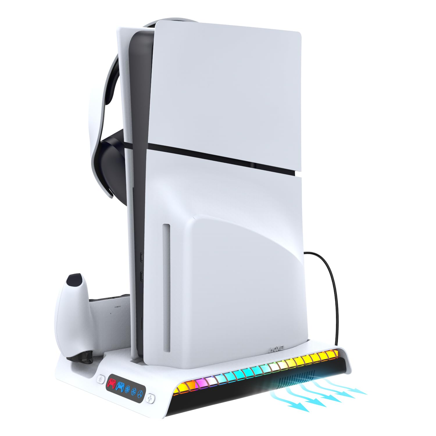 Soporte de Carga con Ventilador de refrigeración para PS5 Pro /PS5 Slim Digital/Consola de Disco, Soporte de Carga del Mando Soporte de refrigeración con Gancho para Auriculares con 9 Luces RGB