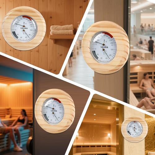 SPOROLWE Round Sauna Thermometer Hygrometer, Wooden Frame 2-in-1 Temperature and Humidity Gauge, 70-250°F Analog Dial Sauna Room Monitor, Easy-to-Read Wall Mounted Sauna Accessory for Home Spa Cabin - Thumbnail 7