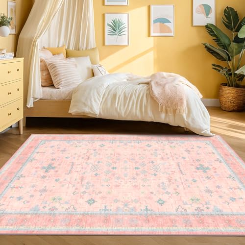 Image of Pink Rugs for Bedroom Girls, 5x7 Washable Area Rug for Living Room Nursery Kids Baby Playroom Indoor Decor, Oushak Floral Vintage Low Pile Boho Non Slip Foldable Carpet