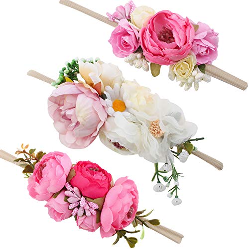 Image of mligril Baby Girl Floral Headbands- 3pcs Nylon Headband Handmade Flower Crown Elastic Hairband Newborn Toddler Hair Accessories Gifts for Girls (1-6 years old)