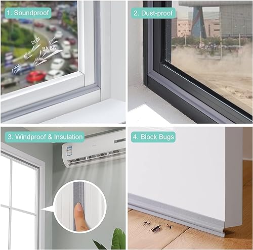 MOPMS Draft Stopper Sweep, Door Weatherproofing Stripping, Window Seal Strip Self-adhisive Soundproof Cuttable Weather Length 32.8 Ft (5 Pcs x 6.56 Ft), Grey - Thumbnail 5
