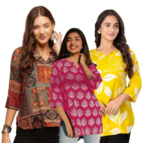 Image of Women's Printed Short Kurti Tops Rayon Cotton Blend Tunic Combo