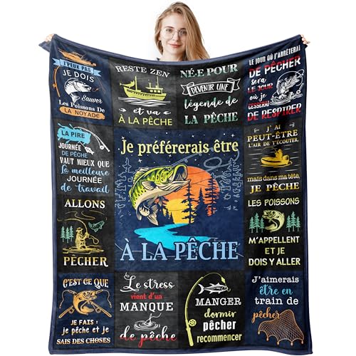 Jinmaple Cadeau Pêcheur, Couverture de Pêcher, Cadeau Pêcher, Couverture Thème Pêche, Cadeau Homme Pêcheur, Idée Cadeau Originale pour Amateur de Pêche, Anniversaire ou Noël, Couverture 130x150CM