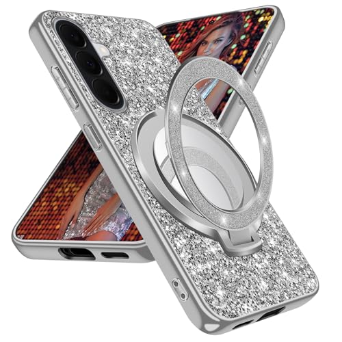Fiyer Custodia per Samsung Galaxy A57, con brillantini, per Samsung A57, 5G, con supporto ad anello a specchio, magnetica, antiurto, antigraffio, colore: argento