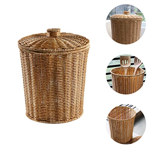 Patkaw Small Woven Basket With Lid Rattan Trash Can Wastebasket Garbage Container Bin Plant Pot Laundry Basket For Bathroom Kitchen #TOP2