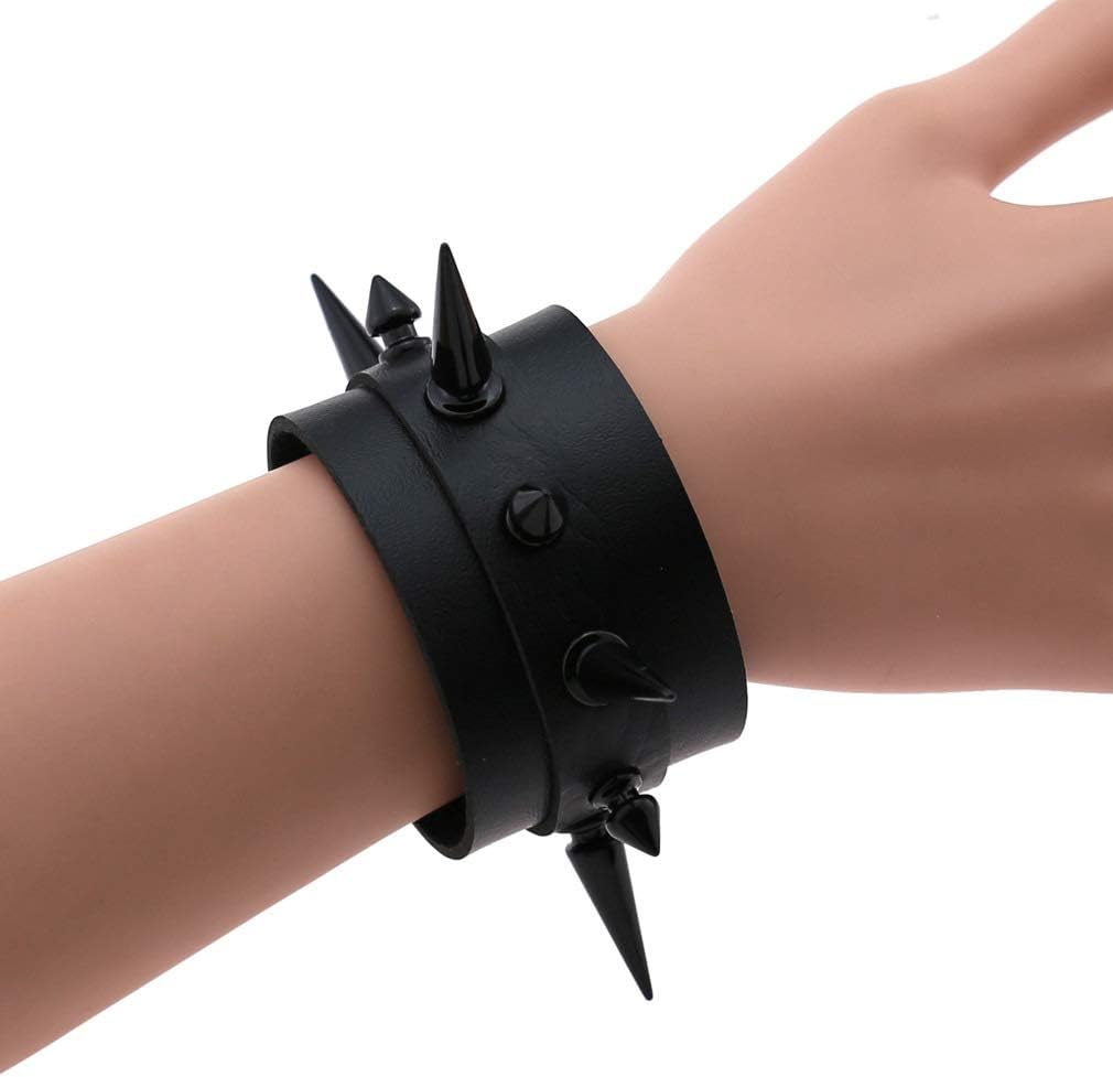 FM FM42 Women Multicolor PU Simulated Leather Black-tone Long and Short Rivets Spike Spiked 4cm(1.57") Wide Punk Gothic Adjustable Bracelet, Pack of 2 - Image 7