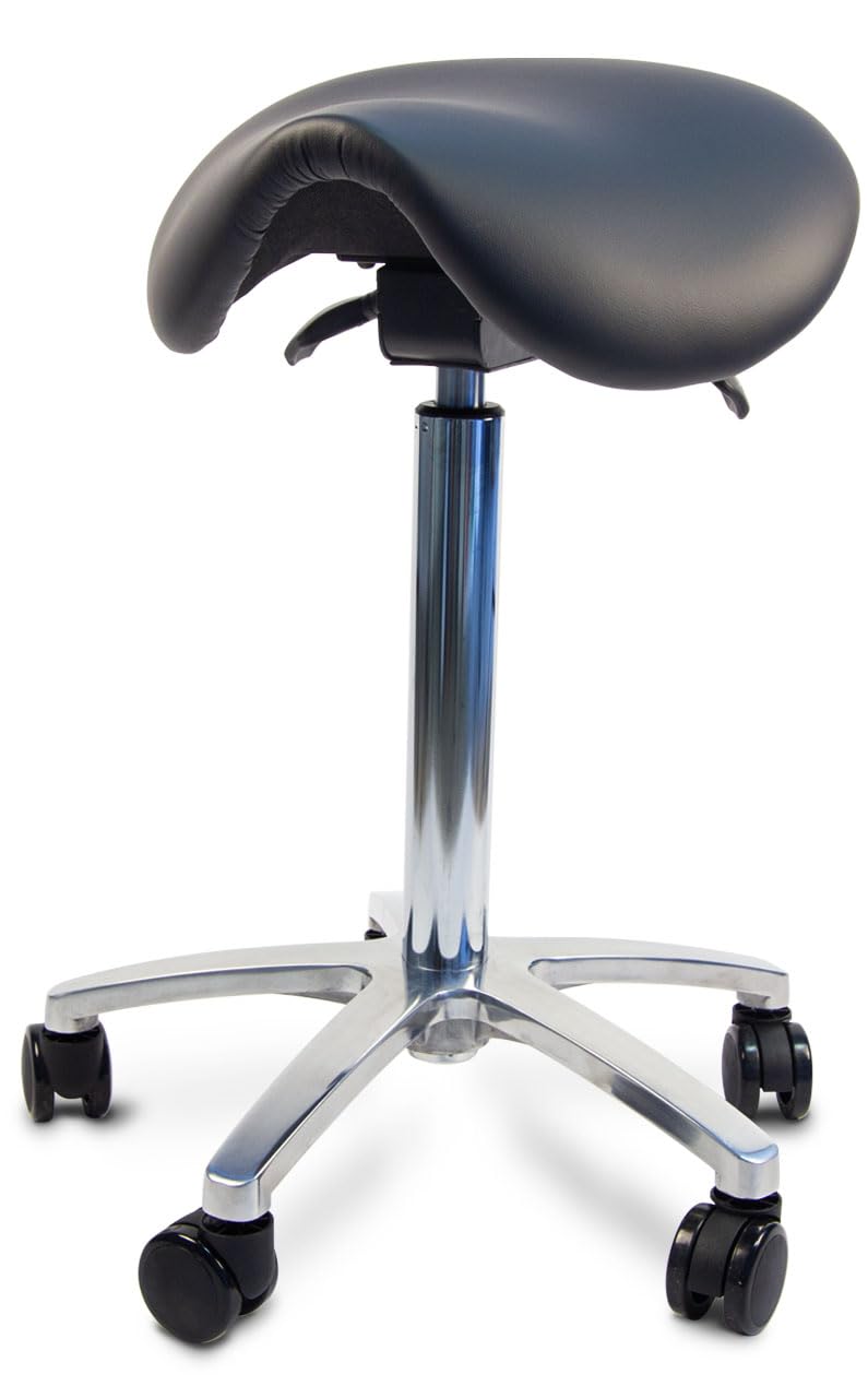 Ergolutions® Ergonomischer Sattelhocker - Belastbar bis 150kg, Bis 86cm Höhe, Rollhocker mit Federung, Veganer Lederbezug, Therapiehocker, drehbare Universalrollen, Schwarz