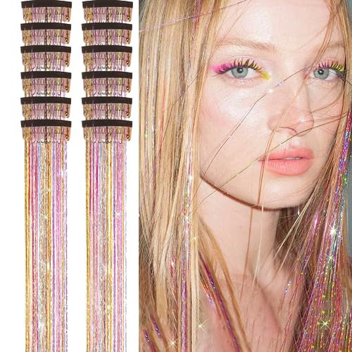 12Pcs Clip in Hair Tinsel Kit, 20.5 Inch Galaxy Glitter Heat Resistant Hair Tinsel Extensions Fairy Hair with Clips on, Sparkle Strands Festival Gift Party Dazzle Hair Accessories for Women Girls