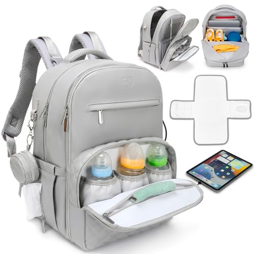 Image of JustBaby Luv 3 in 1 Luxe Leather Diaper Bag Backpack - Ultimate Baby Bag with 21 Pockets, Charging Port, Changing Pad, Pacifier Case, Stroller Straps - Stylish, Waterproof, Unisex (31L Grey), DBP01