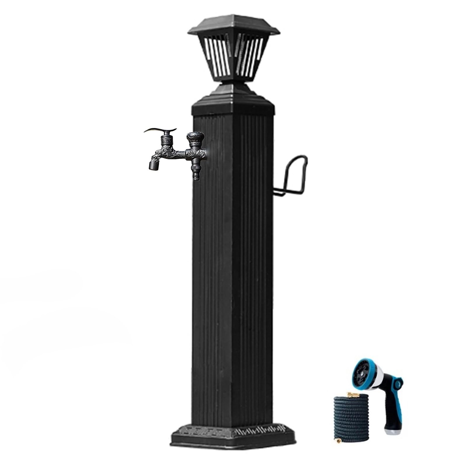 WOTZOV Solar Garden Water Column With Led Light, Freestanding Hydrant Water Tap & Spray Gun, 30In Tall, Outdoor Water Feature With Hooks For Garden Decor，114cm/45in