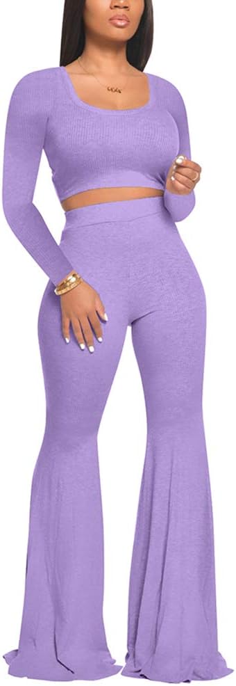 Two Piece Outfits for Women Sexy Crop Top + Flared Long Pants Sweat Suits Ribbed Fitted Tracksuits Yoga Set