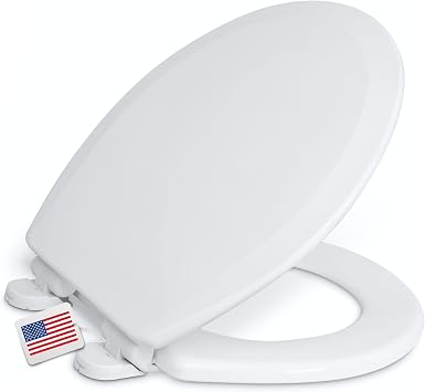Centoco Round Toilet Seat, Heavy-Duty Wood Core with Plastic Scratch-Resistant Finish, Soft Close, Made in the USA, DSAMAZ7SC-301, Crane White Cotton/Bright