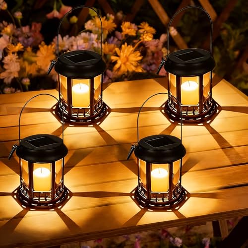 Yowin Lanterne da Esterno 4 Pezzi Grande Lanterna Solare da Giardino con Candele, Lampada Solari da Appendere Impermeabile Lampade da Tavolo per Arredo Terrazzo Balconi Decorazioni - Nero