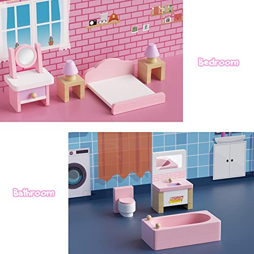 WOODMAM Wooden Dollhouse Furniture Set, 22 Pcs Miniature Furniture Toys Including Living Room, Bedroom, Kitchen, Bathroom, Doll House Accessories, Pretend Play Toys for Kids Boys Girls Age 3+