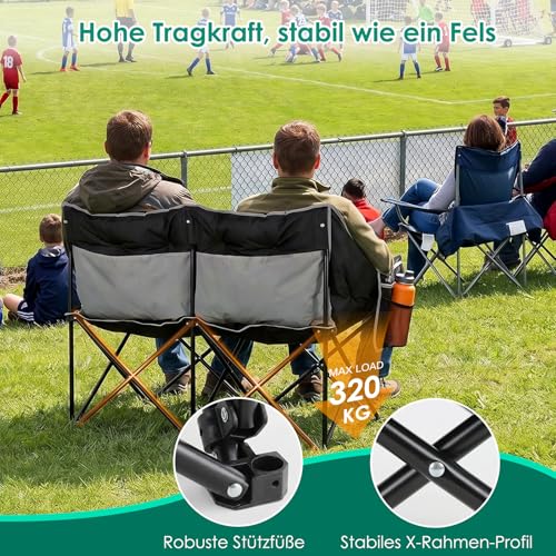 LIFERUN Sofa kempingowa dla 2 osób, krzesło kempingowe, składana, 320 kg, kanapa kempingowa, krzesło składane XXL, 2-osobowa, do użytku na zewnątrz, do ogrodu, na balkon