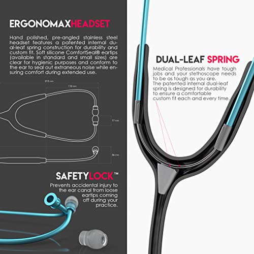 MDF Instruments, Acoustica Lightweight Stethoscope for Doctors, Nurses, Students, Home Health Use, Adult, Dual Head, Black Tube, Aqua Chestpiece-Headset, MDF747XPAQ11 by MDF Instruments - Image 5