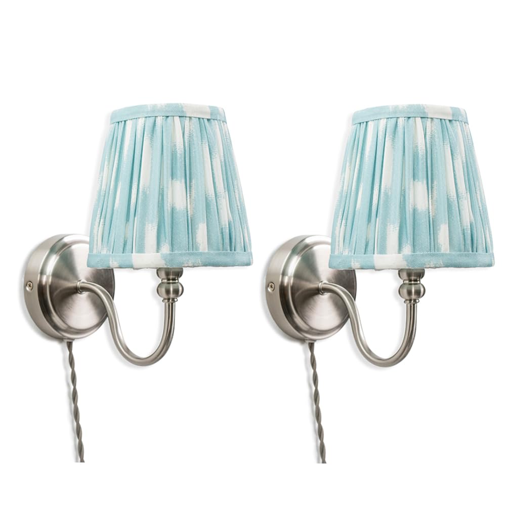 ValueLights | Plug in Antique Brass Wall Lights with Blue Pleated Fabric Tapered Lampshade | Wall Lamps & Sconces, Home Décor & Improvement Essential | Pair of 2 | LED Bulbs
