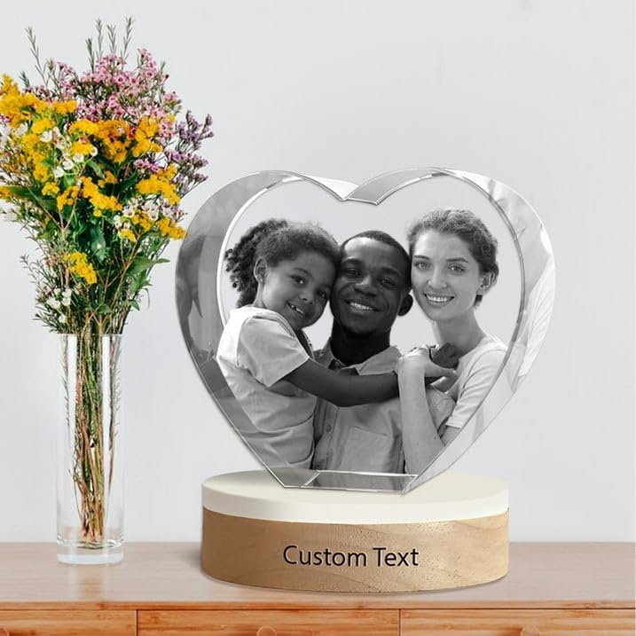 OZCONO Personalized Engraved Crystal Photo Laser Glass Picture Cube, 3D Crystal Heart Small