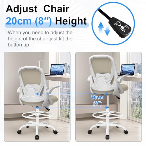 Image of Drafting Chair Tall Office Chair with Flip-up Armrests, Adjustable Height, and Enhanced Lumbar Support - Ergonomic Rolling Stool, Back Support, and Adjustable Foot Rest Ring for Standing Desk Khaki