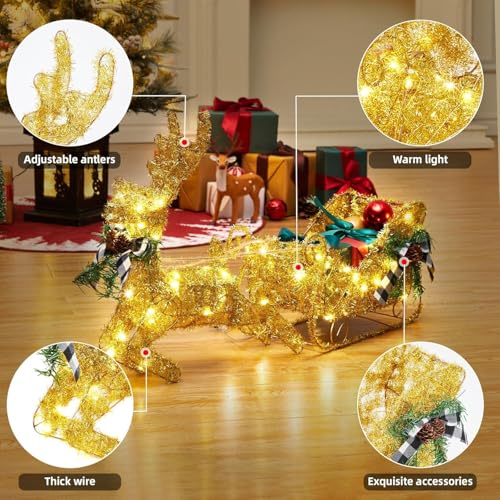 GAOMON Gold Reindeer Christmas Decor, Metal Frame Christmas Reindeer with Sleigh, Tabletop Reindeer Statue Christmas Decor, Lighted Deer Figurine, Battery Operated Glittering Xmas Holiday Party Supply