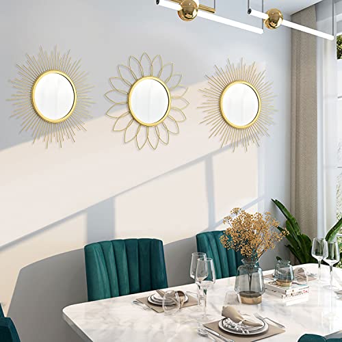 3 Pack Gold Mirrors For Wall Metal Sunburst Wall Mirrors Home Décor Decorative Hanging Wall Art For Living Room Bedroom Entryway (16 In, Gold) #TOP6