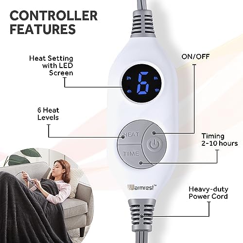 Warmrest Electric Blanket Heated Throw Blanket, 6 Heat Levels Fast Heating, 1 to 10 Hours Auto-Off Detachable Controller Soft Fabric Machine Washable, Grey 130x160cm