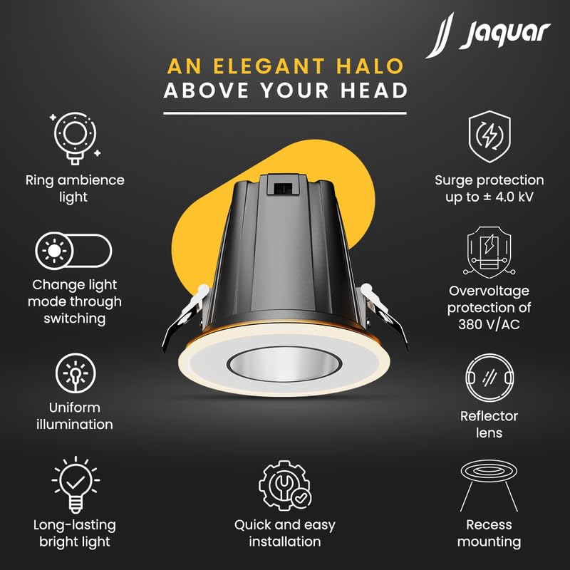 Image of Jaquar 9W + 3W Twilite Round COB Light for Ceiling | Warm White | 3-Way Mood Light with Ring Ambience | High Lumen Efficiency Spotlight for False Ceiling (Cutout ? 70mm) | Pack of 1