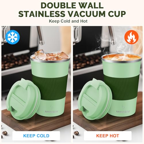 Image of MOMSIV 12oz Travel Mug, Insulated Coffee Cup with Leakproof Lid, Vacuum Stainless Steel Double Walled Reusable Tumbler for Hot and Cold Water Coffee and Tea In Travel and Car (Green-380ml)