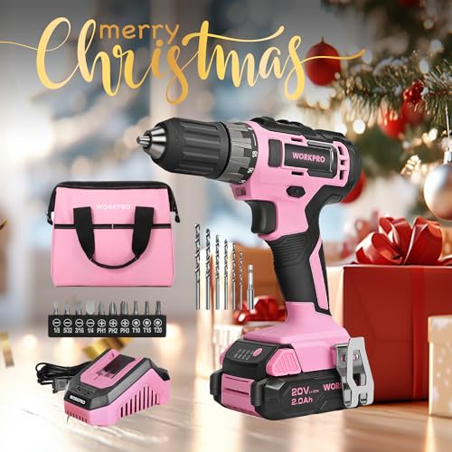 WORKPRO 20V Pink Cordless Drill Driver Set, 3/8” Keyless Chuck, 2.0 Ah Li-ion Battery, 1 Hour Fast Charger and 11-inch Storage Bag Included - Pink Ribbon thumbnail 2