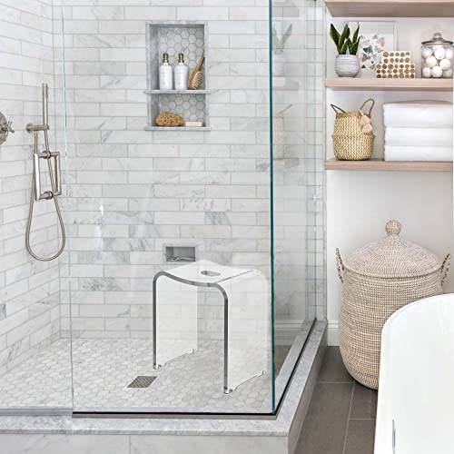 FansaFurn Acrylic Shower Stool, Modern Shower Bench with Curved Seat & Water Leaking Hole, Shower Stool for Inside Shower with Anti-Skip Feet & 300LBS Weight Capacity
