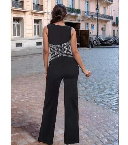 Image of Jigfar Women Sexy Embellished Rhinestone Bodycon Jumpsuit Mesh See Through Patchwork Birthday Party Night Out Clubwear