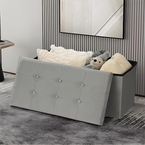 AKH HOUSEWARE 76 x 38cm Ottoman Storage Box with Lid Foot Bedside Stool for Bed Room, Living Room Furniture Velvet Storage Bench Toy Storage Box Ottoman Stool Seat (Light Grey, 38 x 76 cm)