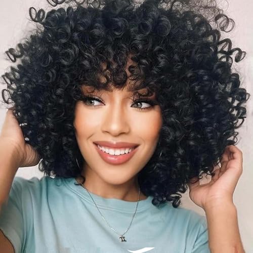 PORSMEER Peluca afro rizada para mujer, pelo rizado, rizado, rizado, negro, con flequillo para mujeres negras, peluca de pelo sintético natural de 14 pulgadas
